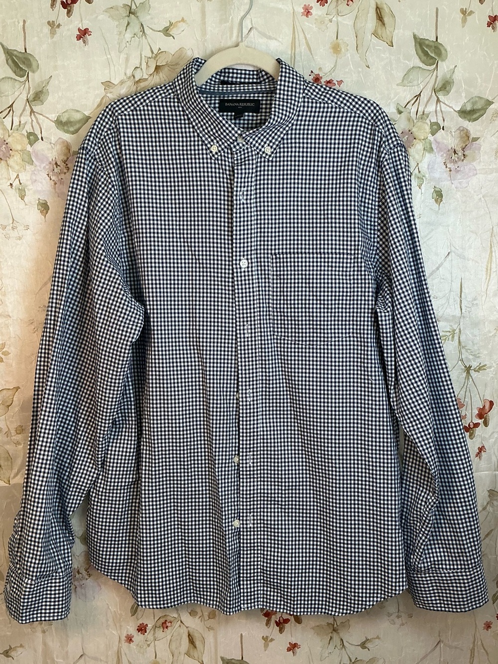 Banana Republic Untucked Fit Gingham Button Down Shirt Navy White Men's XL